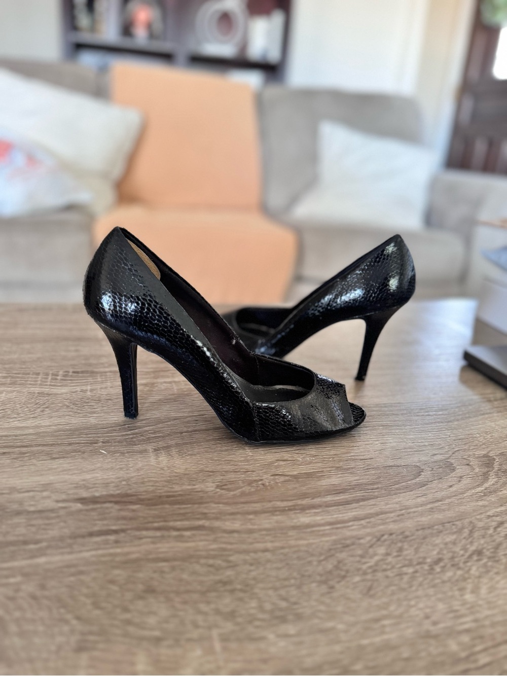 FIONI Clothing Black Patent Peep-Toe Stiletto Heels